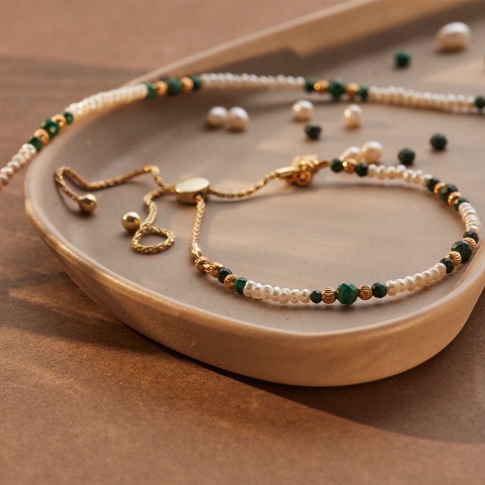 The Lucky Aura Pearl & Malachite Adjustable Bracelet | Chlobo