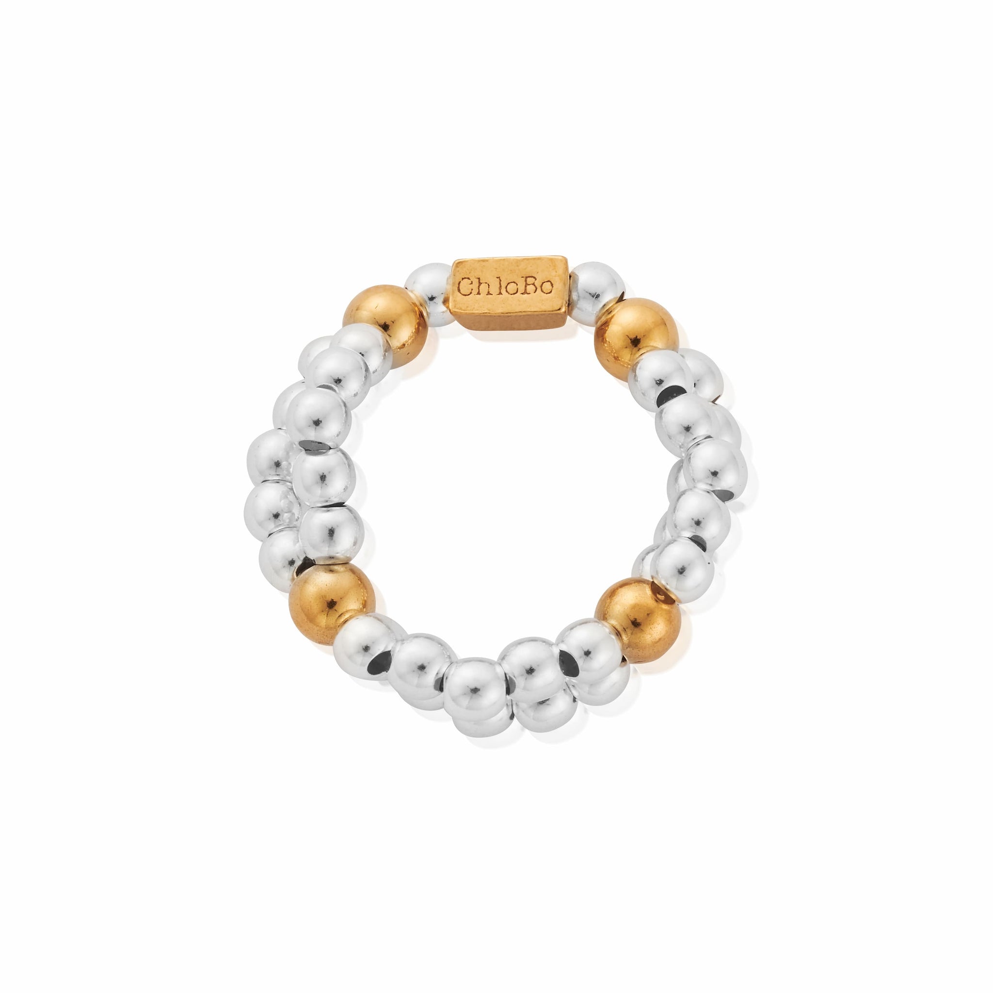 Beaded ring with silver and gold beads on a white background