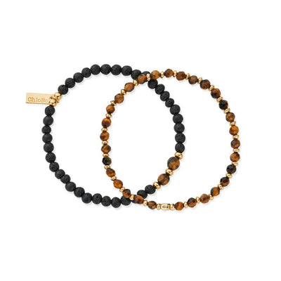 Men's Gold Black Lava & Tiger's Eye Set Of 2